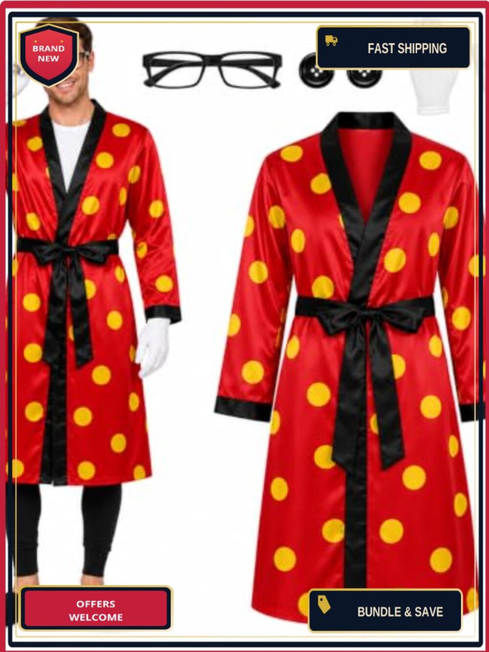Men's 5 Pc Retro Polka Dot Robe Costume Set with Accessories